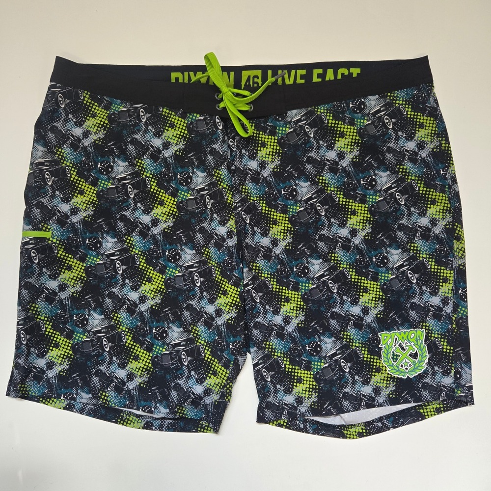 Dixxon Board Shorts Mens 46 Black Green Live Fast Hot Rod‎ Dice Swim Trunks Surf